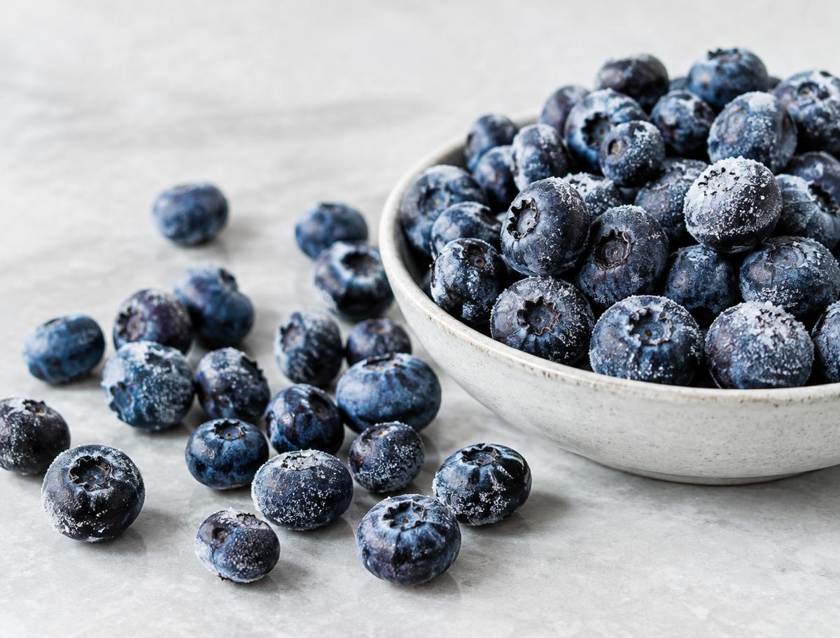 Frost-covered frozen blueberries for bulk supply