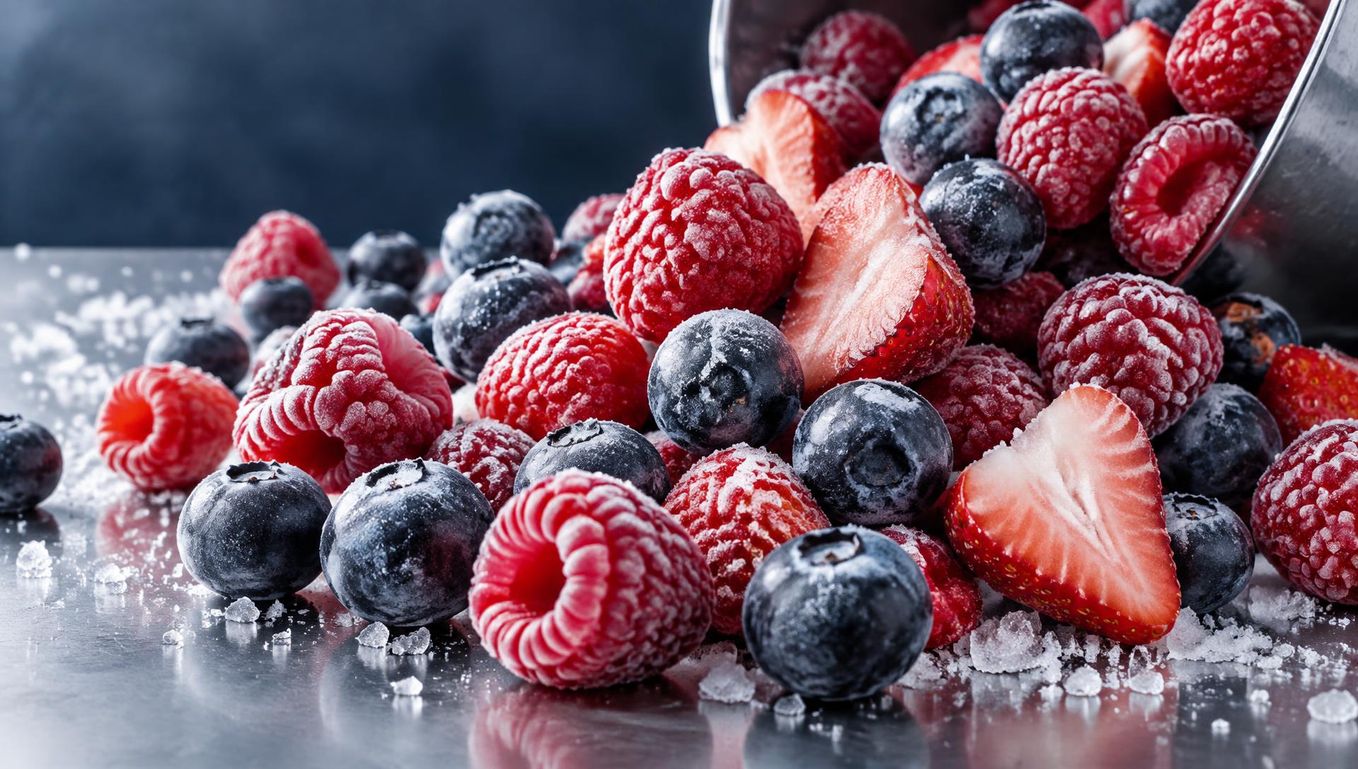 Frozen raspberries, blueberries, and strawberries covered in fine frost