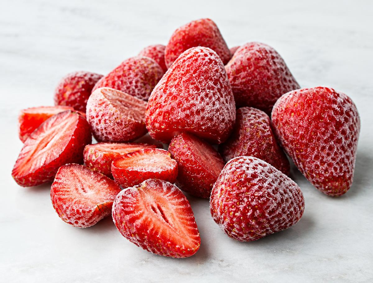 Frost-covered frozen strawberries for bulk supply